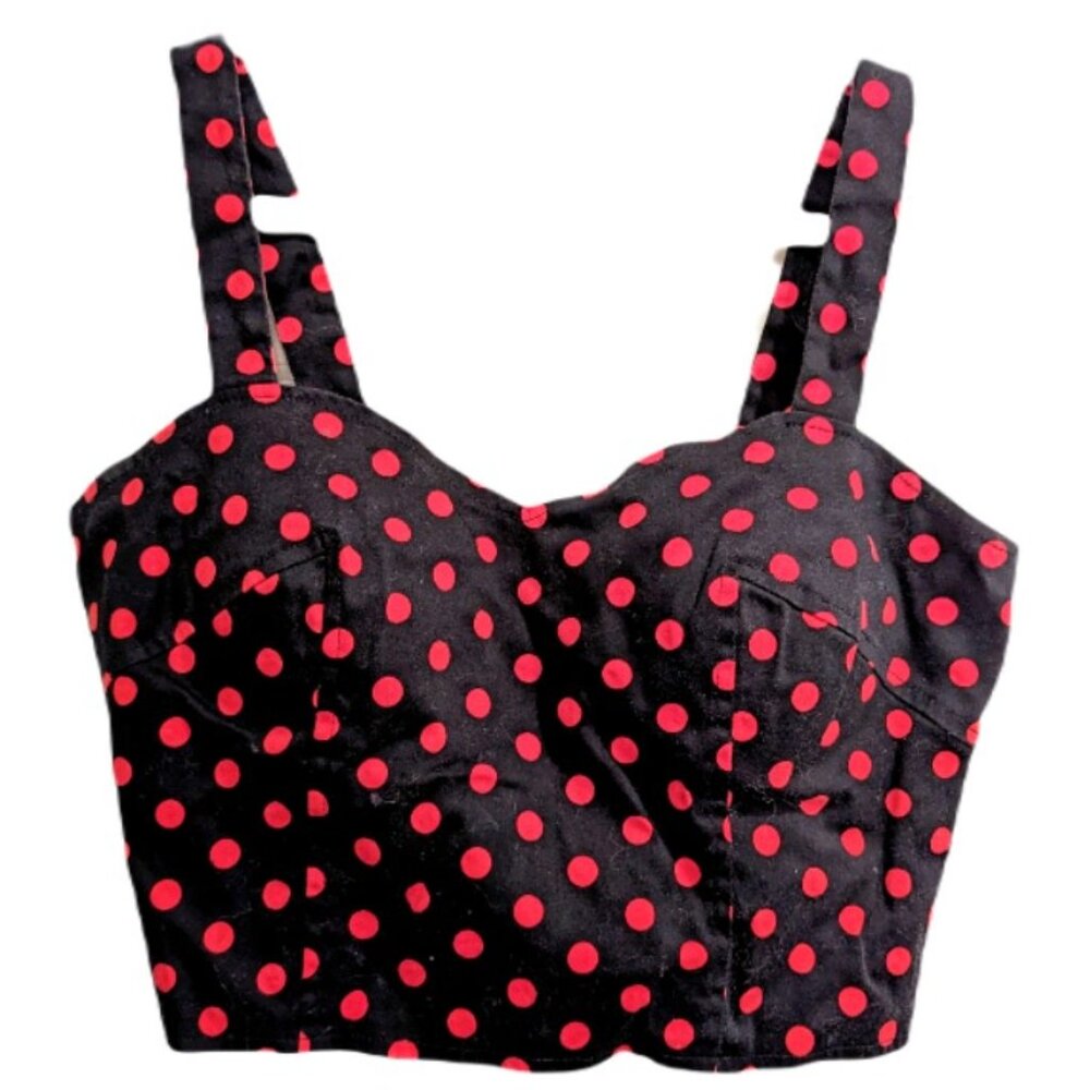 Bustier style/crop top, black with red polka dots, zipper closure - Size L